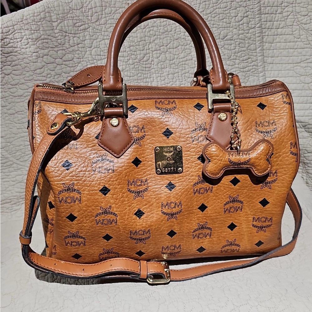 MCM Cognac Visetos Satchel Duffle Bag with strap